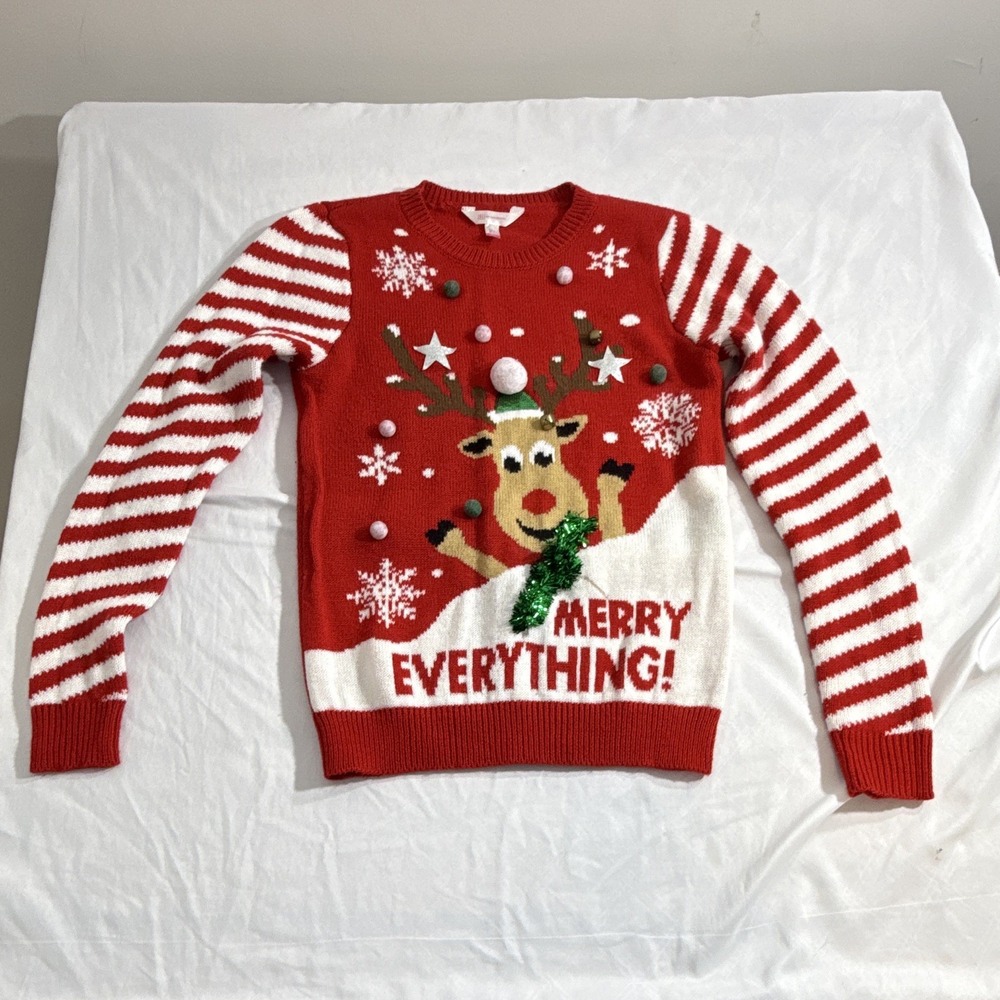 No Boundaries Christmas Sweater Reindeer Bells Womenβs S Red Holiday Party